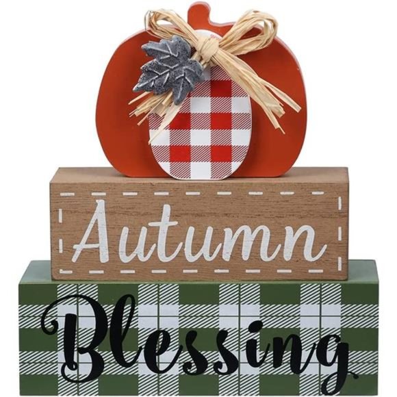 Thanksgiving Decorations for Home, Large Size 3-Layered Wood Block with Pumpkin - Picture 1 of 7